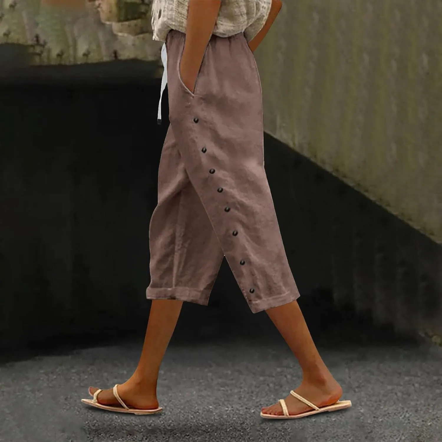 Striped Linen Pants Women Linen Capri Pants 2025 Lightweight Spring Summer Pants for Women Ladies Pinstripe Pant