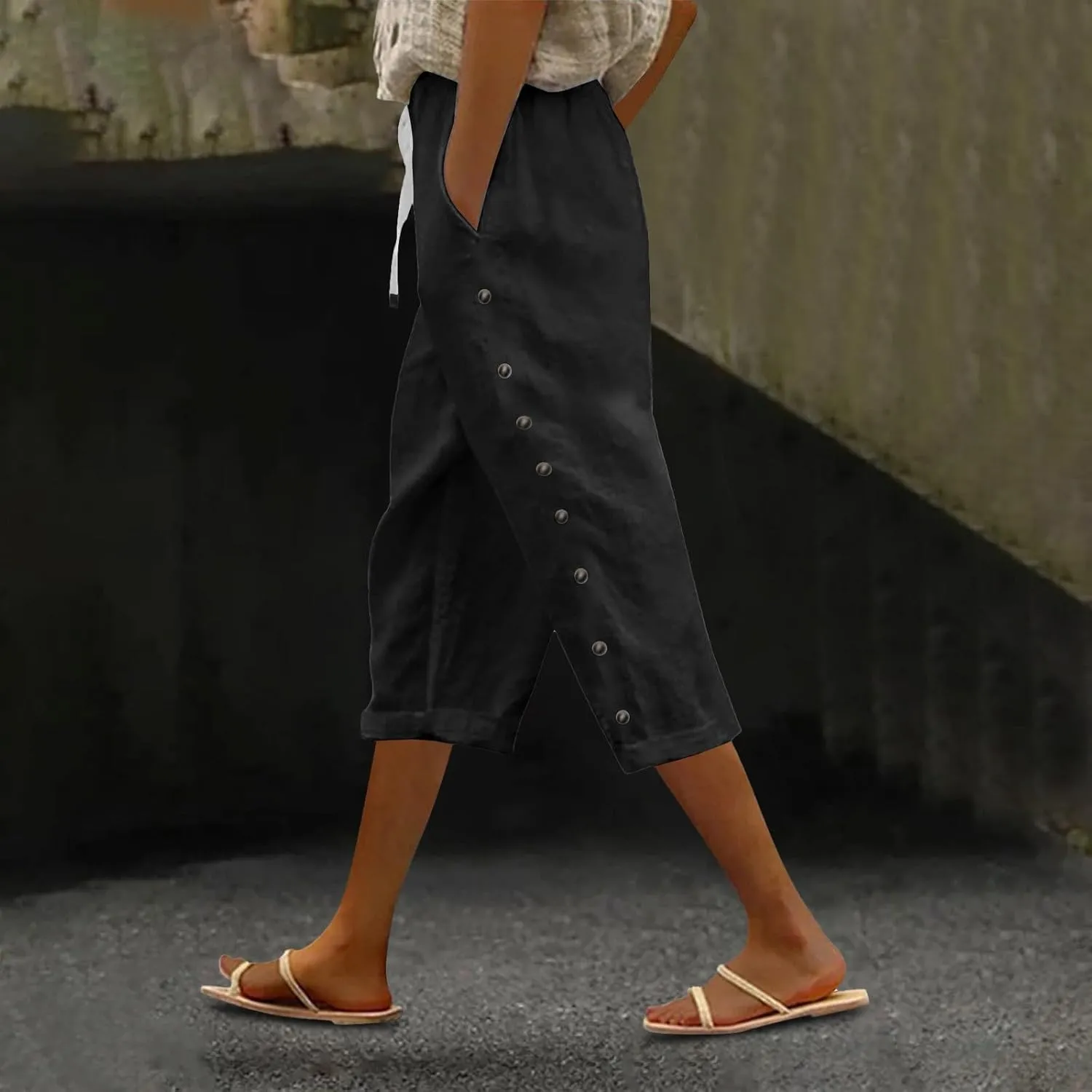 Striped Linen Pants Women Linen Capri Pants 2025 Lightweight Spring Summer Pants for Women Ladies Pinstripe Pant