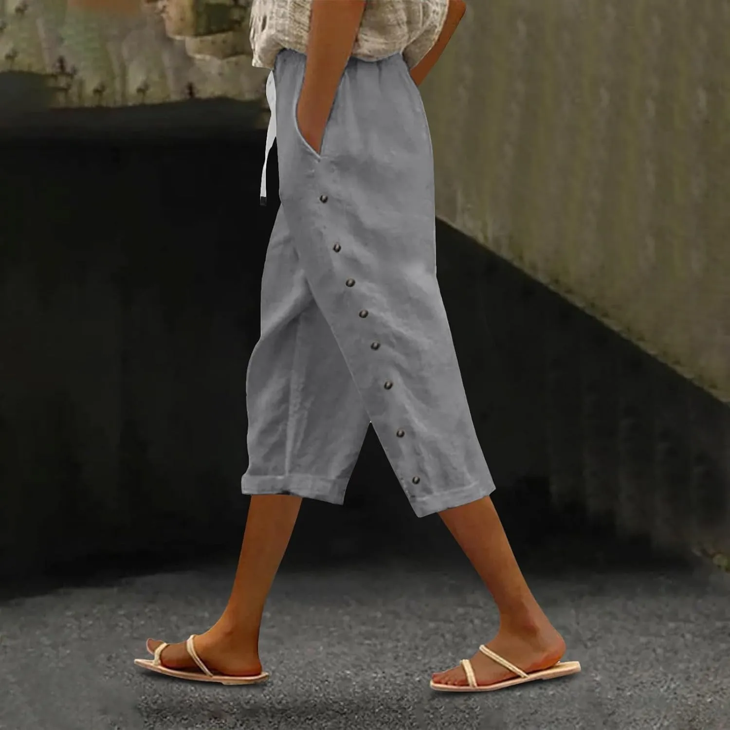Striped Linen Pants Women Linen Capri Pants 2025 Lightweight Spring Summer Pants for Women Ladies Pinstripe Pant