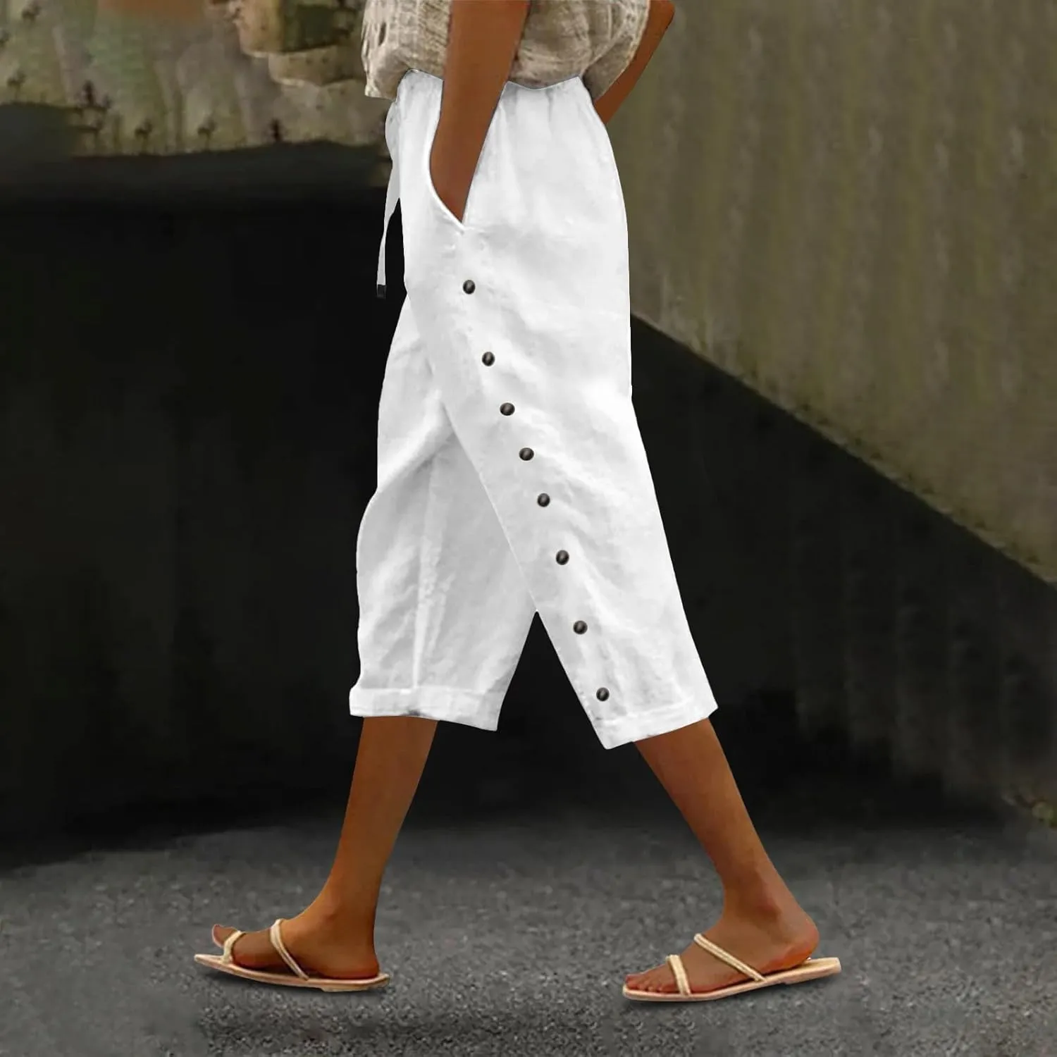 Striped Linen Pants Women Linen Capri Pants 2025 Lightweight Spring Summer Pants for Women Ladies Pinstripe Pant