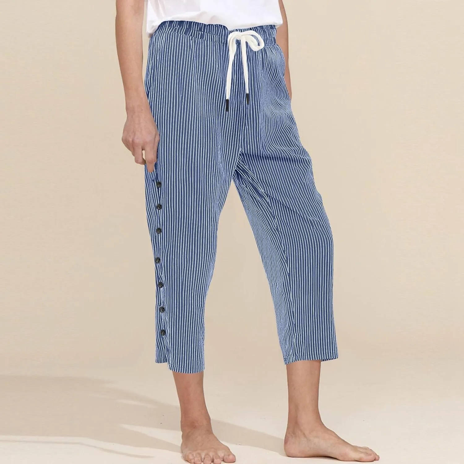 Striped Linen Pants Women Linen Lightweight Spring Summer Capri Pant 2025 Ladies Pinstripe Trousers