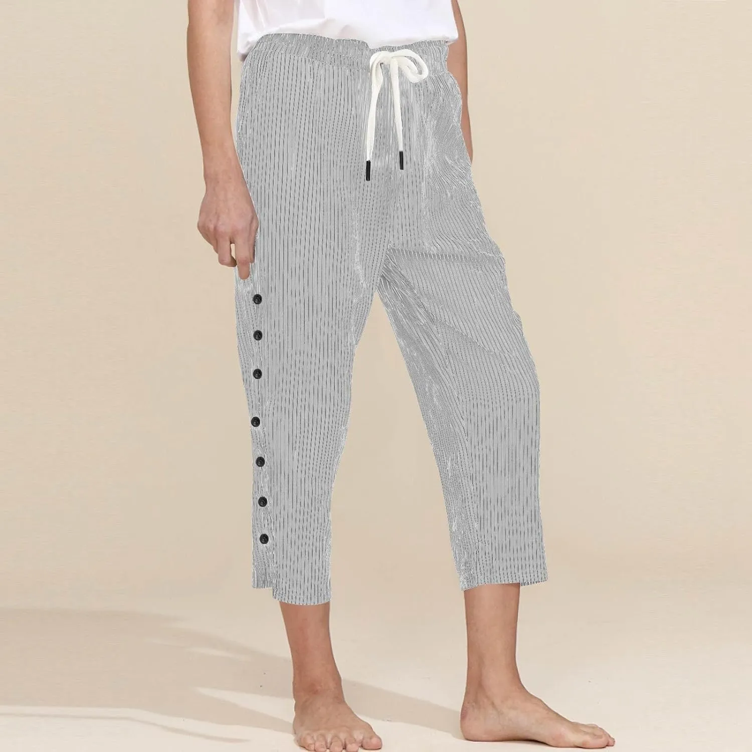 Striped Linen Pants Women Linen Lightweight Spring Summer Capri Pant 2025 Ladies Pinstripe Trousers