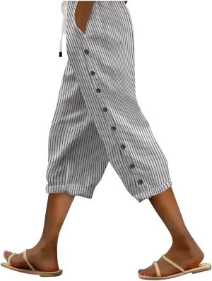 Striped Linen Pants Women Linen Lightweight Spring Summer Capri Pant 2025 Ladies Pinstripe Trousers