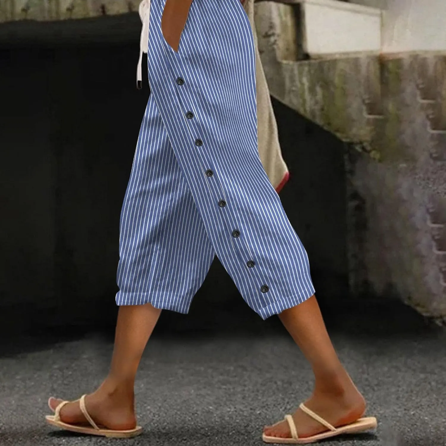 Striped Linen Pants Women Linen Lightweight Spring Summer Capri Pant 2025 Ladies Pinstripe Trousers