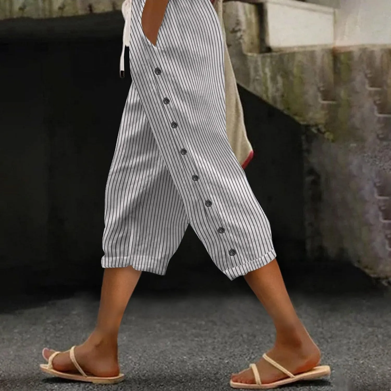 Striped Linen Pants Women Linen Lightweight Spring Summer Capri Pant 2025 Ladies Pinstripe Trousers
