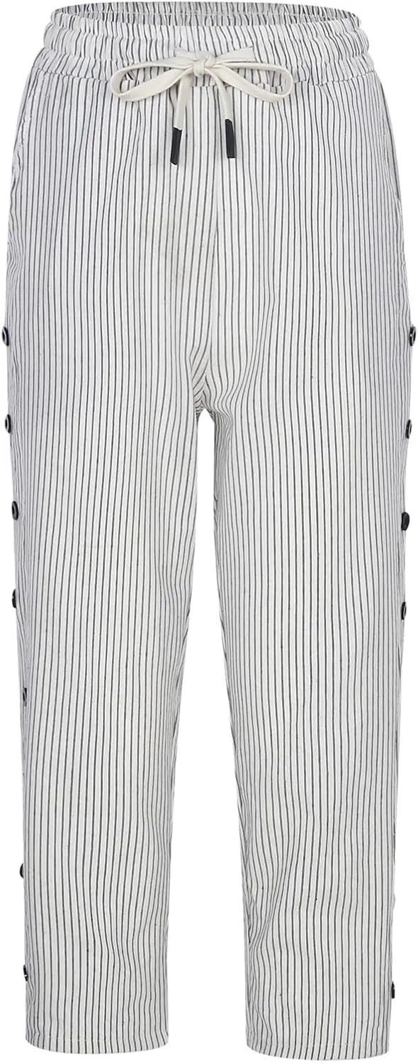 Striped Linen Pants Women Linen Lightweight Spring Summer Capri Pant 2025 Ladies Pinstripe Trousers