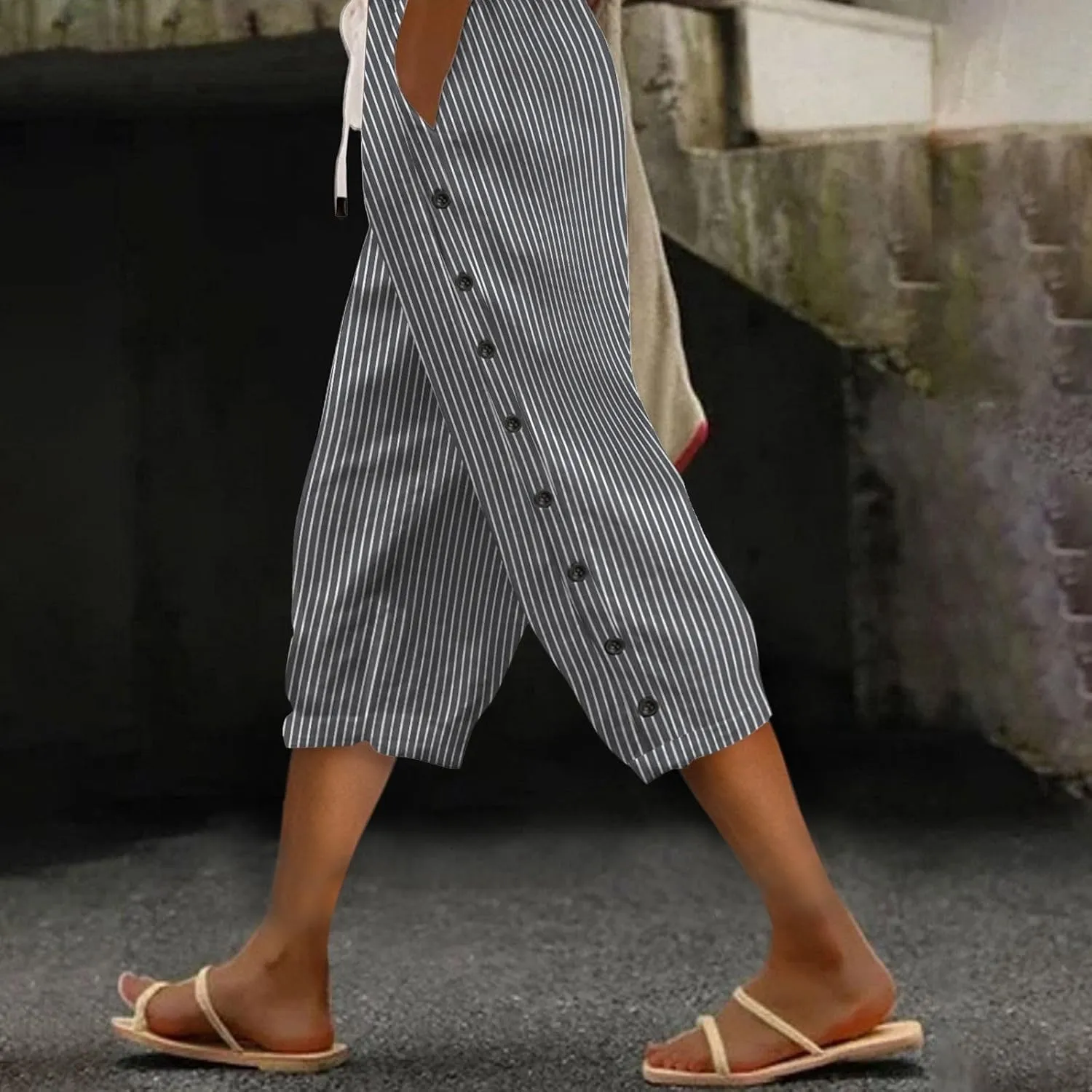 Striped Linen Pants Women Linen Lightweight Spring Summer Capri Pant 2025 Ladies Pinstripe Trousers