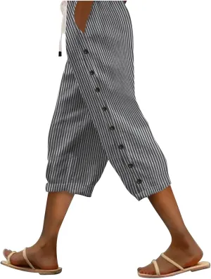 Striped Linen Pants Women Linen Lightweight Spring Summer Capri Pant 2025 Ladies Pinstripe Trousers