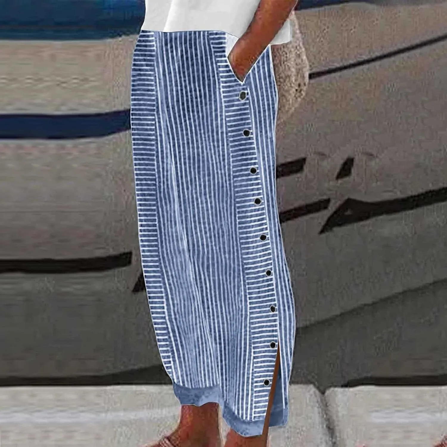 Striped Linen Pants Women Palazzo Capris Lightweight Spring Summer Flowy Pant 2025 Ladies Pinstripe Beach Pants
