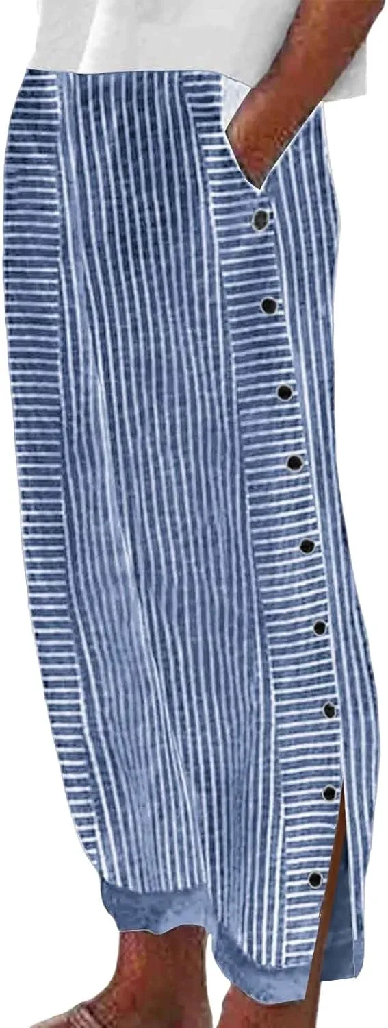 Striped Linen Pants Women Palazzo Capris Lightweight Spring Summer Flowy Pant 2025 Ladies Pinstripe Beach Pants