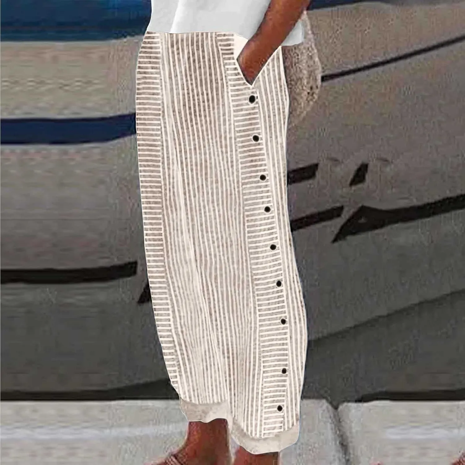 Striped Linen Pants Women Palazzo Capris Lightweight Spring Summer Flowy Pant 2025 Ladies Pinstripe Beach Pants