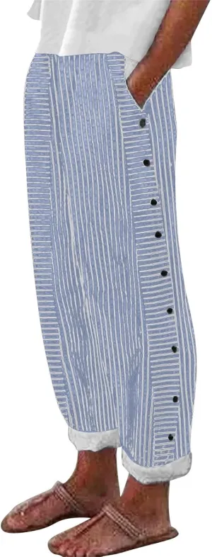 Striped Linen Pants Women Wide Leg Trousers with Pockets Casual Lightweight Pinstripe Pants Trendy Clothes 2025