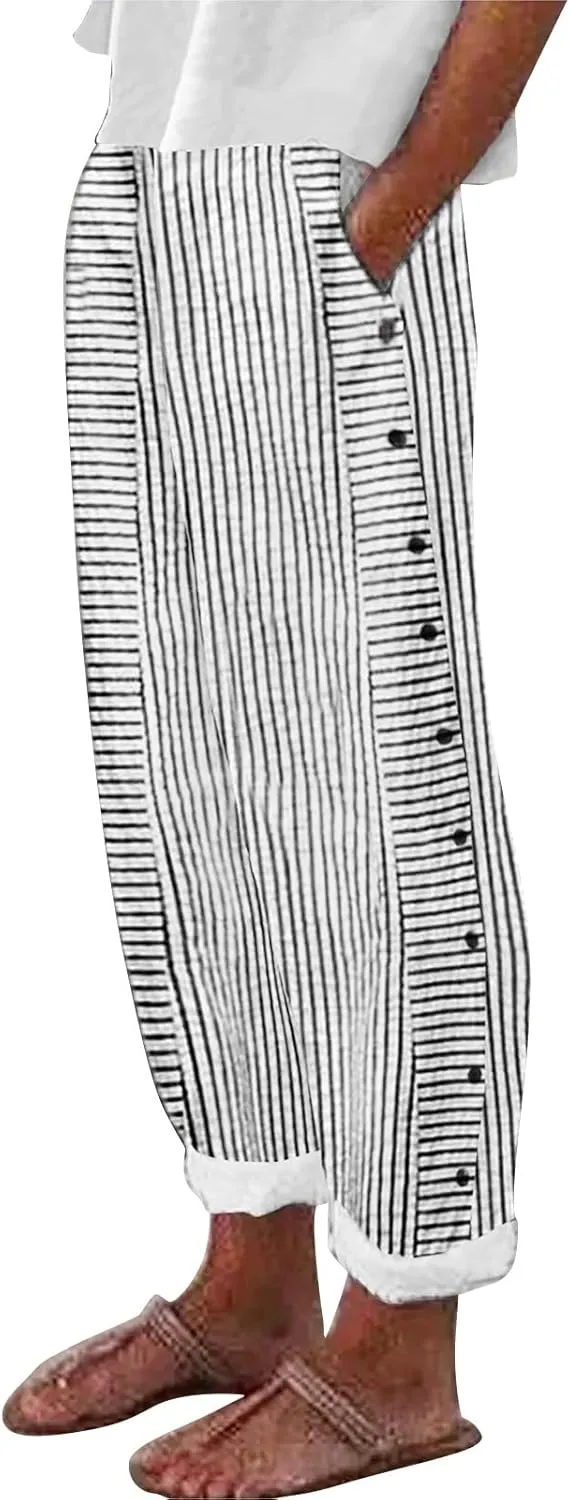 Striped Linen Pants Women Wide Leg Trousers with Pockets Casual Lightweight Pinstripe Pants Trendy Clothes 2025