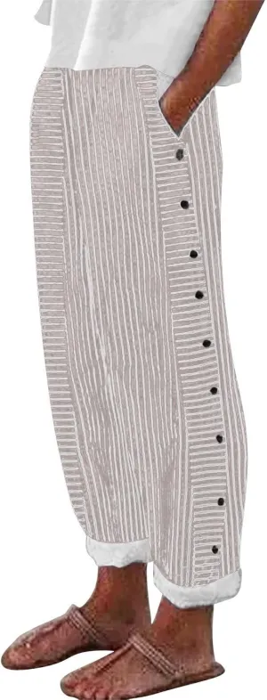 Striped Linen Pants Women Wide Leg Trousers with Pockets Casual Lightweight Pinstripe Pants Trendy Clothes 2025
