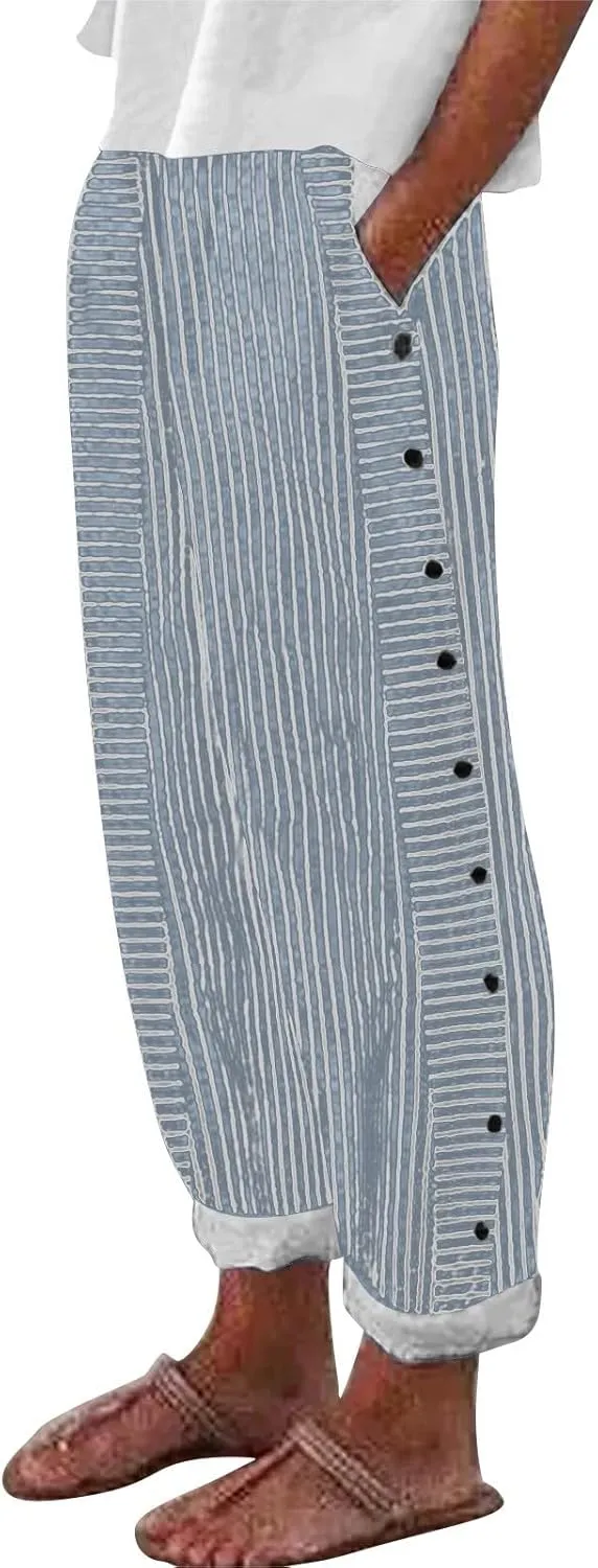 Striped Linen Pants Women Wide Leg Trousers with Pockets Casual Lightweight Pinstripe Pants Trendy Clothes 2025