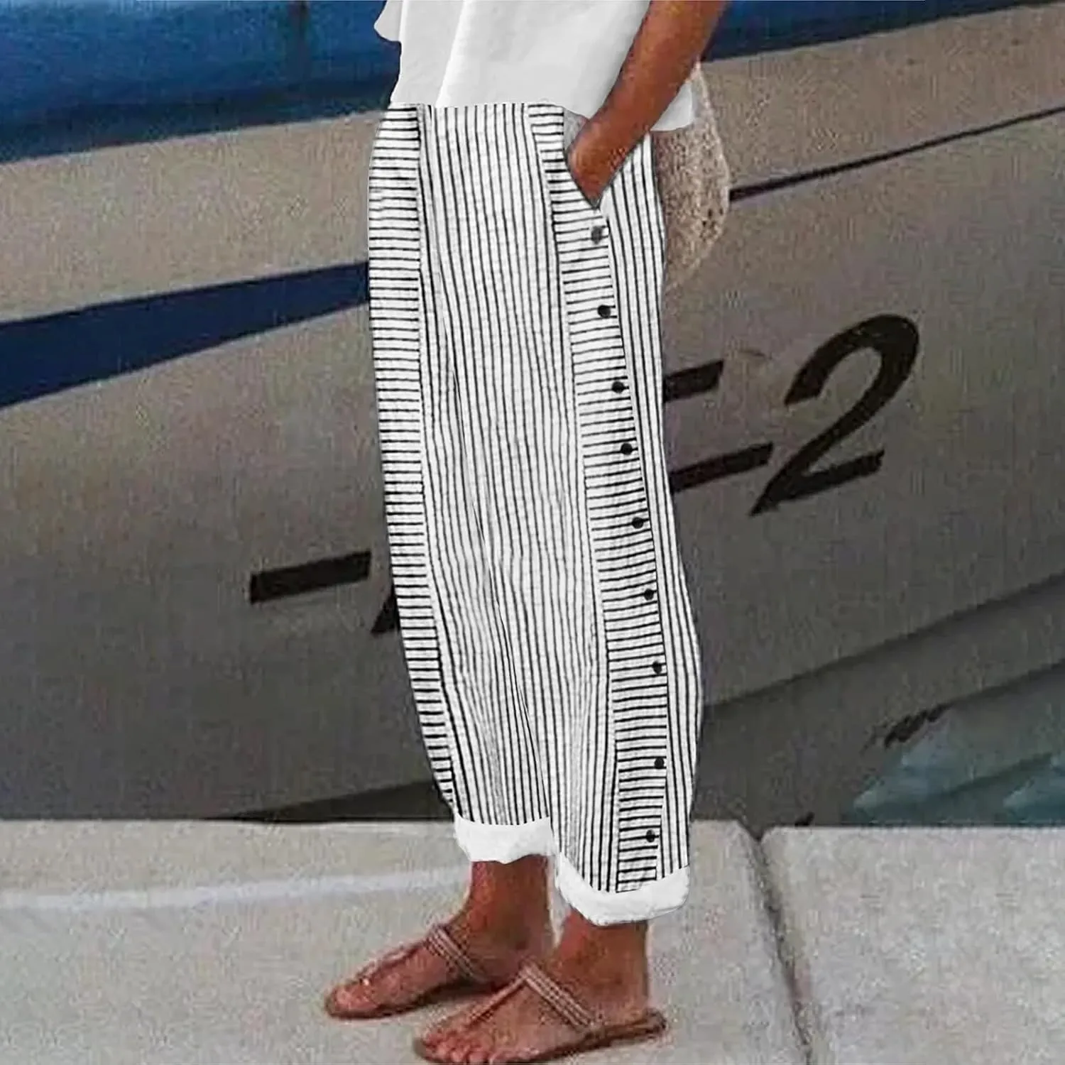 Striped Linen Pants Women Wide Leg Trousers with Pockets Casual Lightweight Pinstripe Pants Trendy Clothes 2025