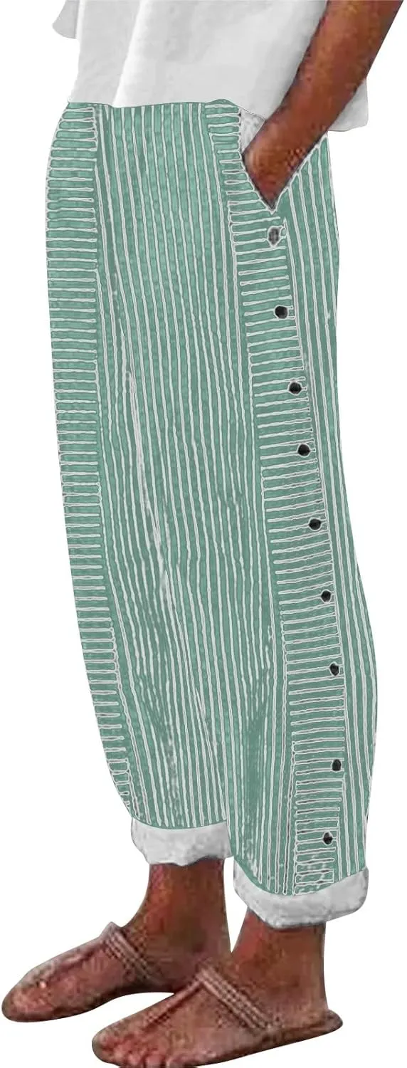Striped Linen Pants Women Wide Leg Trousers with Pockets Casual Lightweight Pinstripe Pants Trendy Clothes 2025