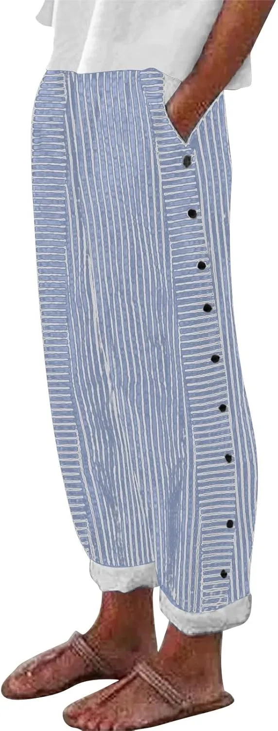 Striped Linen Pants Women Wide Leg Trousers with Pockets Casual Lightweight Pinstripe Pants Trendy Clothes 2025