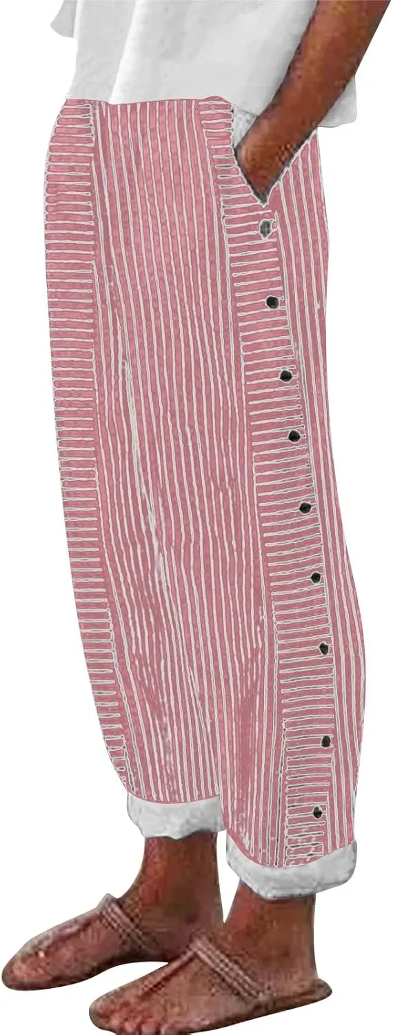 Striped Linen Pants Women Wide Leg Trousers with Pockets Casual Lightweight Pinstripe Pants Trendy Clothes 2025