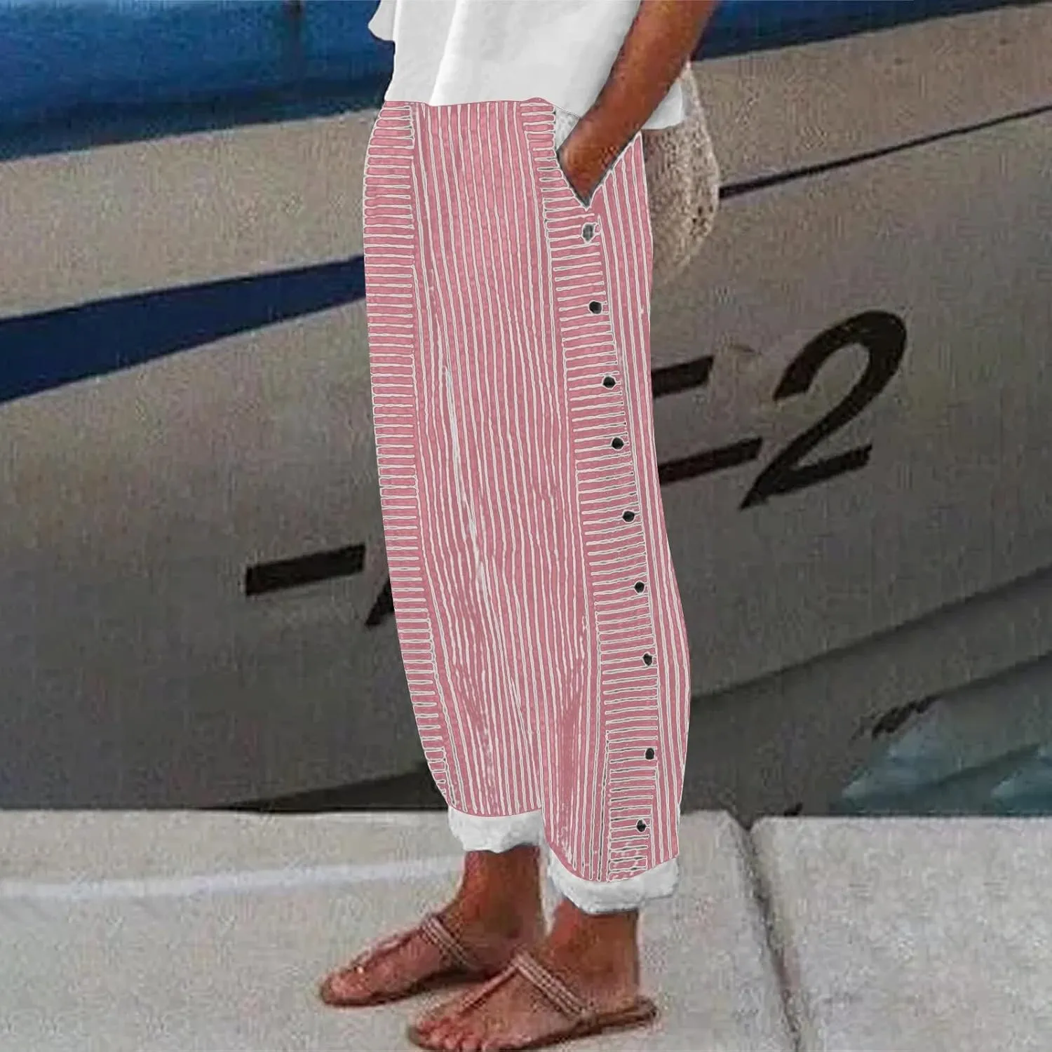 Striped Linen Pants Women Wide Leg Trousers with Pockets Casual Lightweight Pinstripe Pants Trendy Clothes 2025