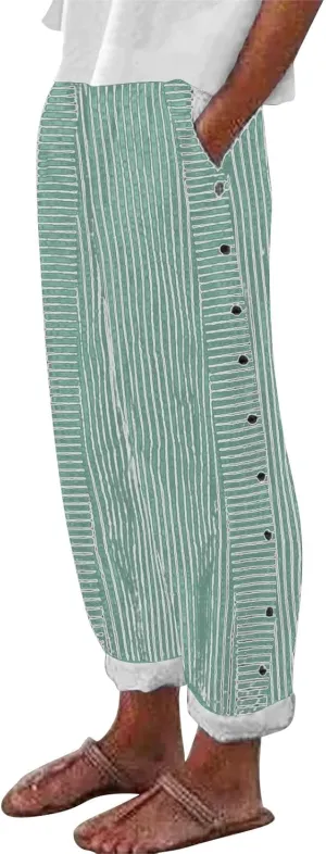 Striped Linen Pants Women Wide Leg Trousers with Pockets Casual Lightweight Pinstripe Pants Trendy Clothes 2025