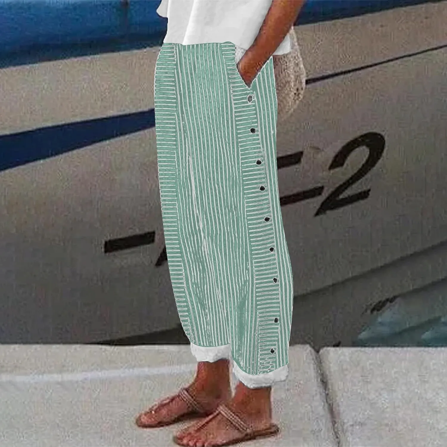 Striped Linen Pants Women Wide Leg Trousers with Pockets Casual Lightweight Pinstripe Pants Trendy Clothes 2025