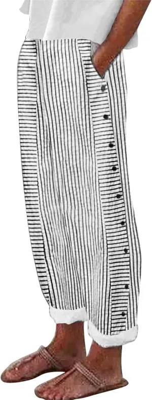 Striped Linen Pants Women Wide Leg Trousers with Pockets Casual Lightweight Pinstripe Pants Trendy Clothes 2025