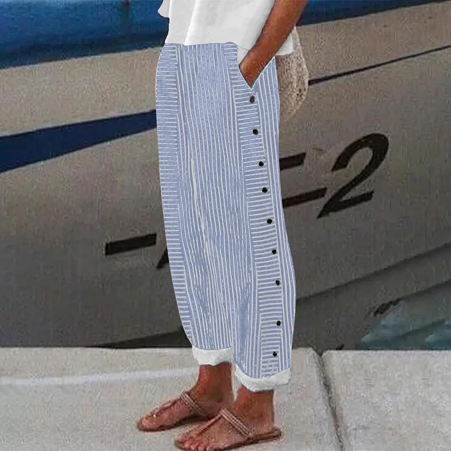 Striped Linen Pants Women Wide Leg Trousers with Pockets Casual Lightweight Pinstripe Pants Trendy Clothes 2025