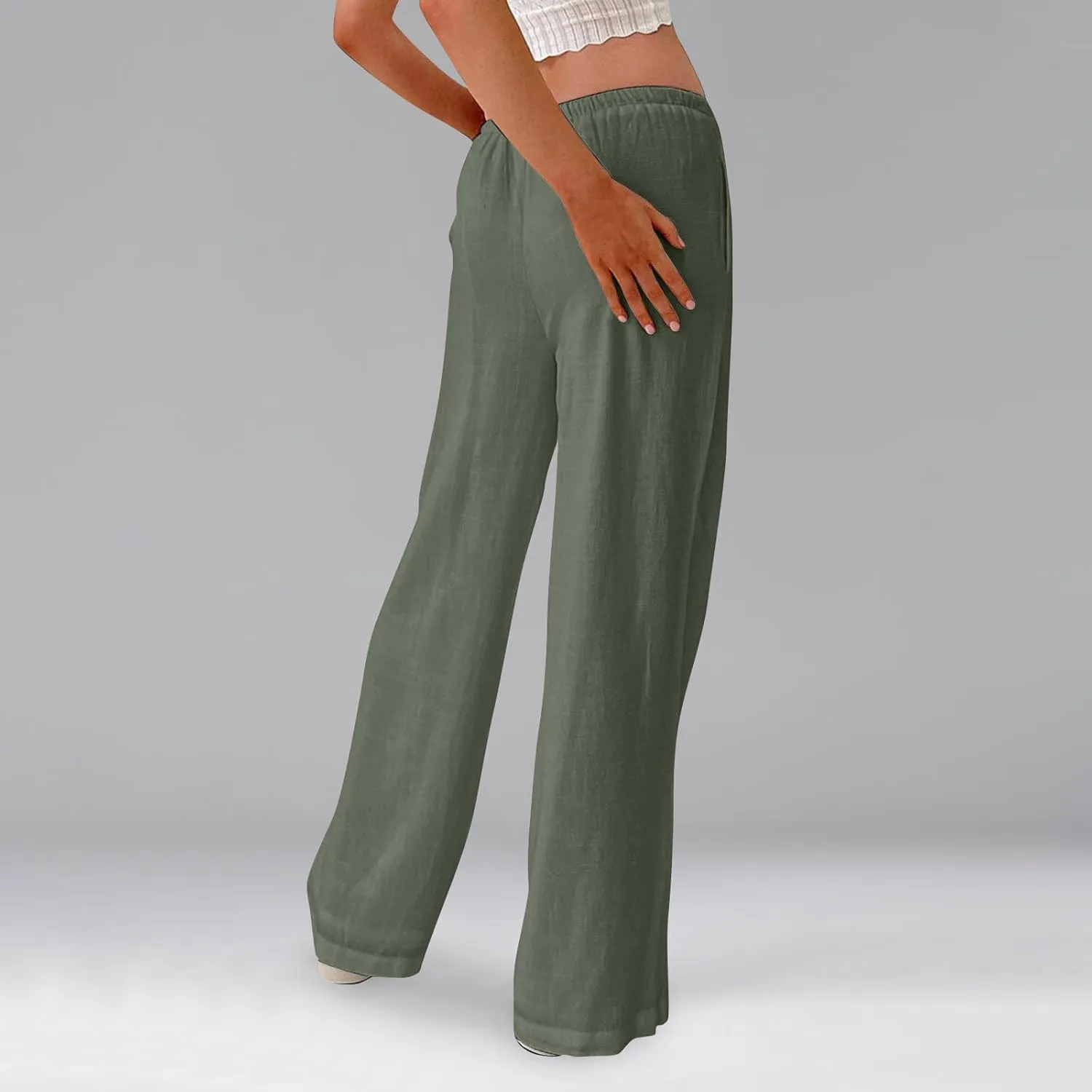 Summer Casual Pants for Women High Wasited Cotton Linen Palazzo Pants Loose Fit Drawstring Work Pants Long Trousers