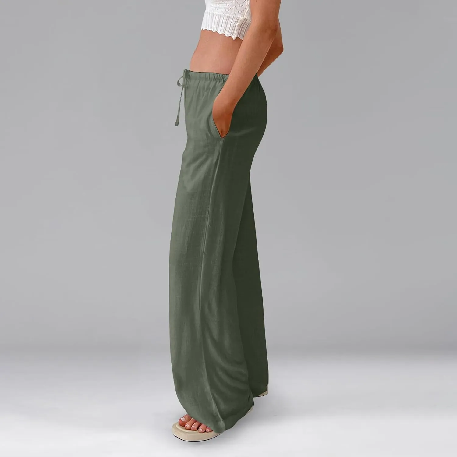 Summer Casual Pants for Women High Wasited Cotton Linen Palazzo Pants Loose Fit Drawstring Work Pants Long Trousers