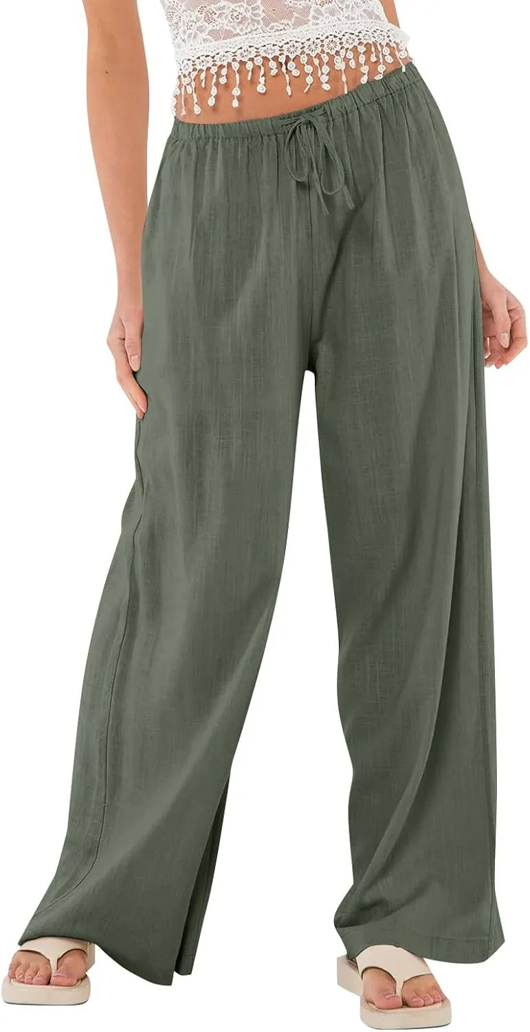 Summer Casual Pants for Women High Wasited Cotton Linen Palazzo Pants Loose Fit Drawstring Work Pants Long Trousers