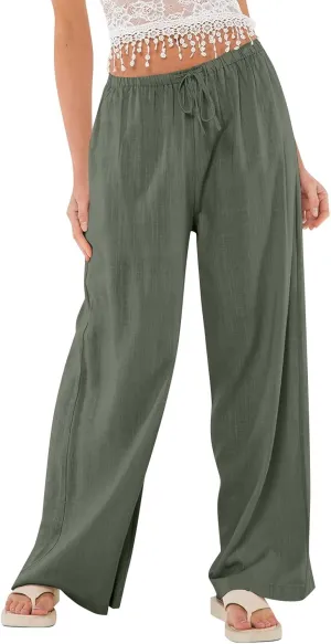 Summer Casual Pants for Women High Wasited Cotton Linen Palazzo Pants Loose Fit Drawstring Work Pants Long Trousers