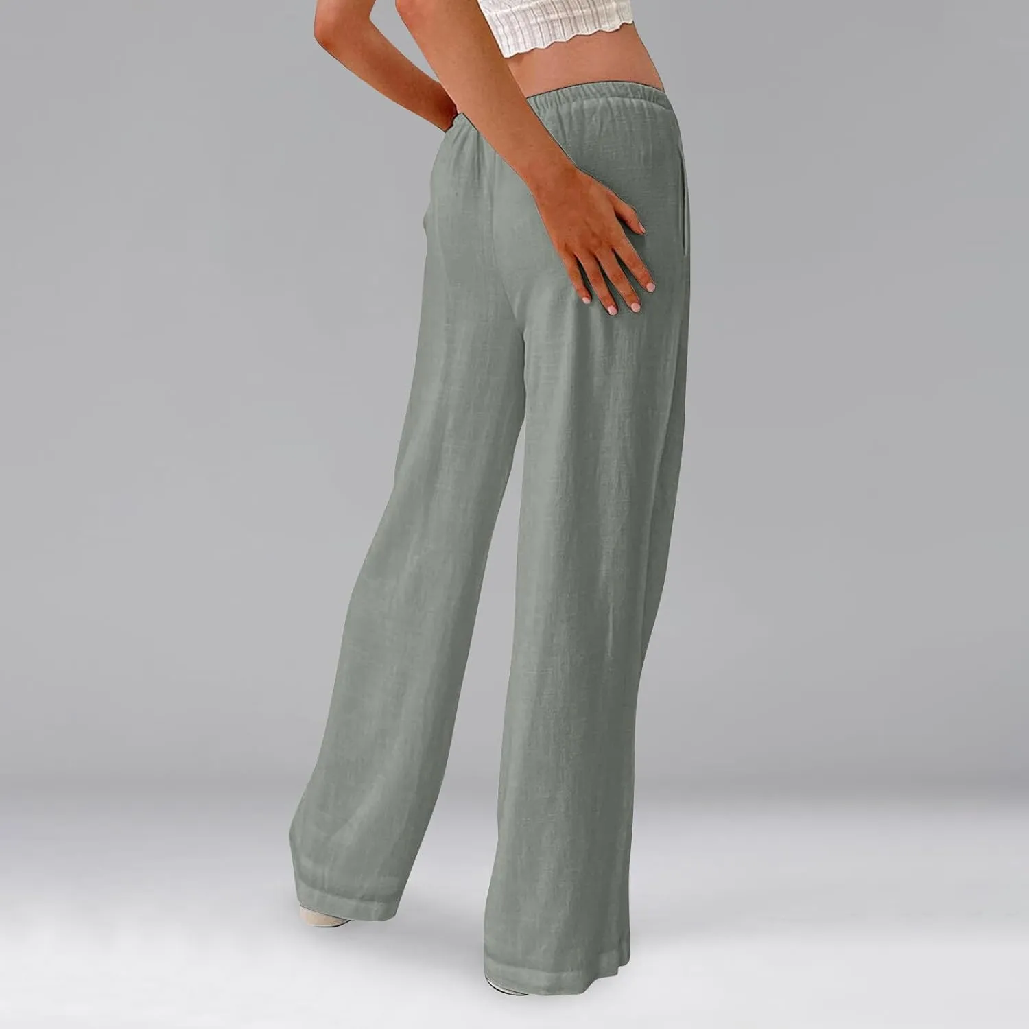 Summer Casual Pants for Women High Wasited Cotton Linen Palazzo Pants Loose Fit Drawstring Work Pants Long Trousers