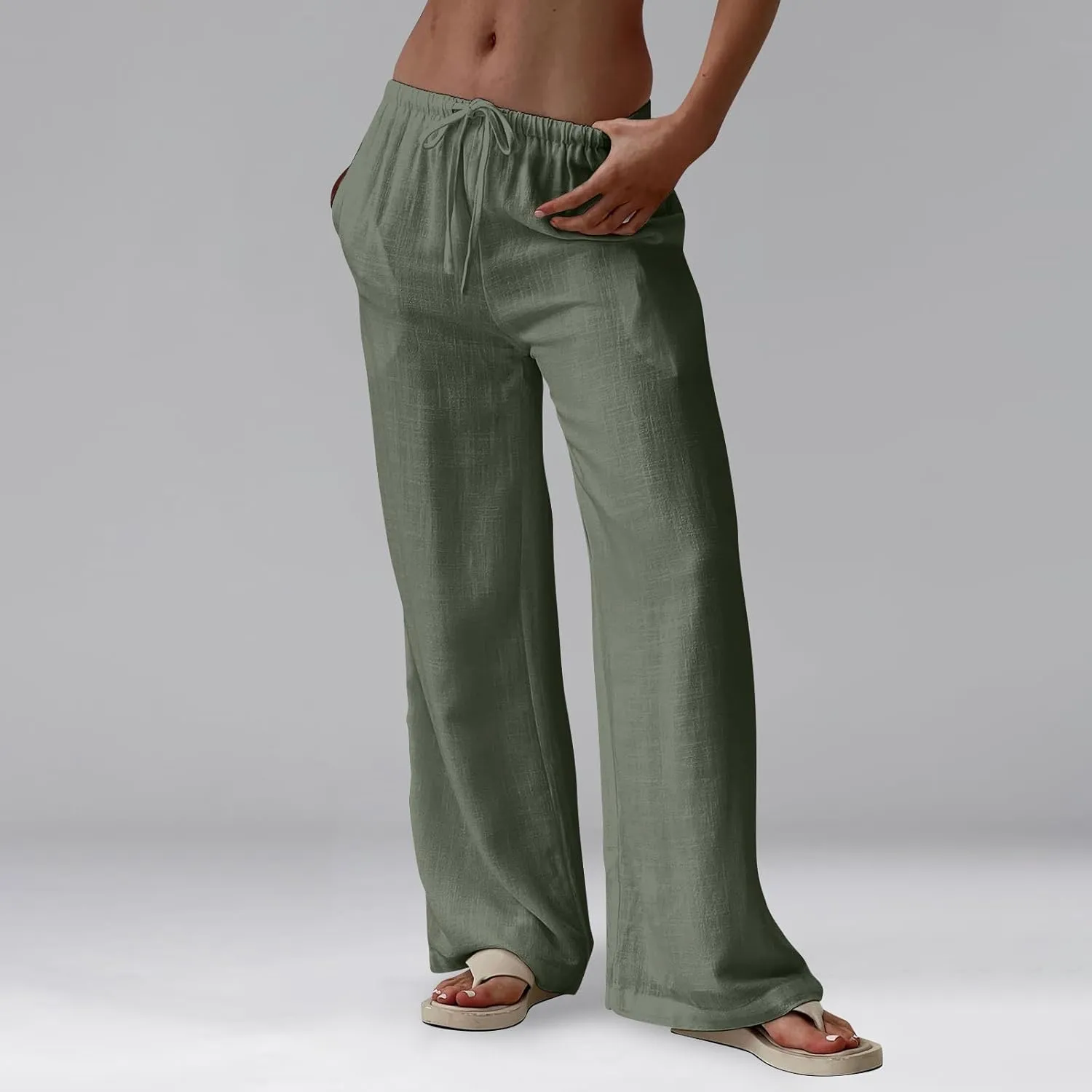 Summer Casual Pants for Women High Wasited Cotton Linen Palazzo Pants Loose Fit Drawstring Work Pants Long Trousers