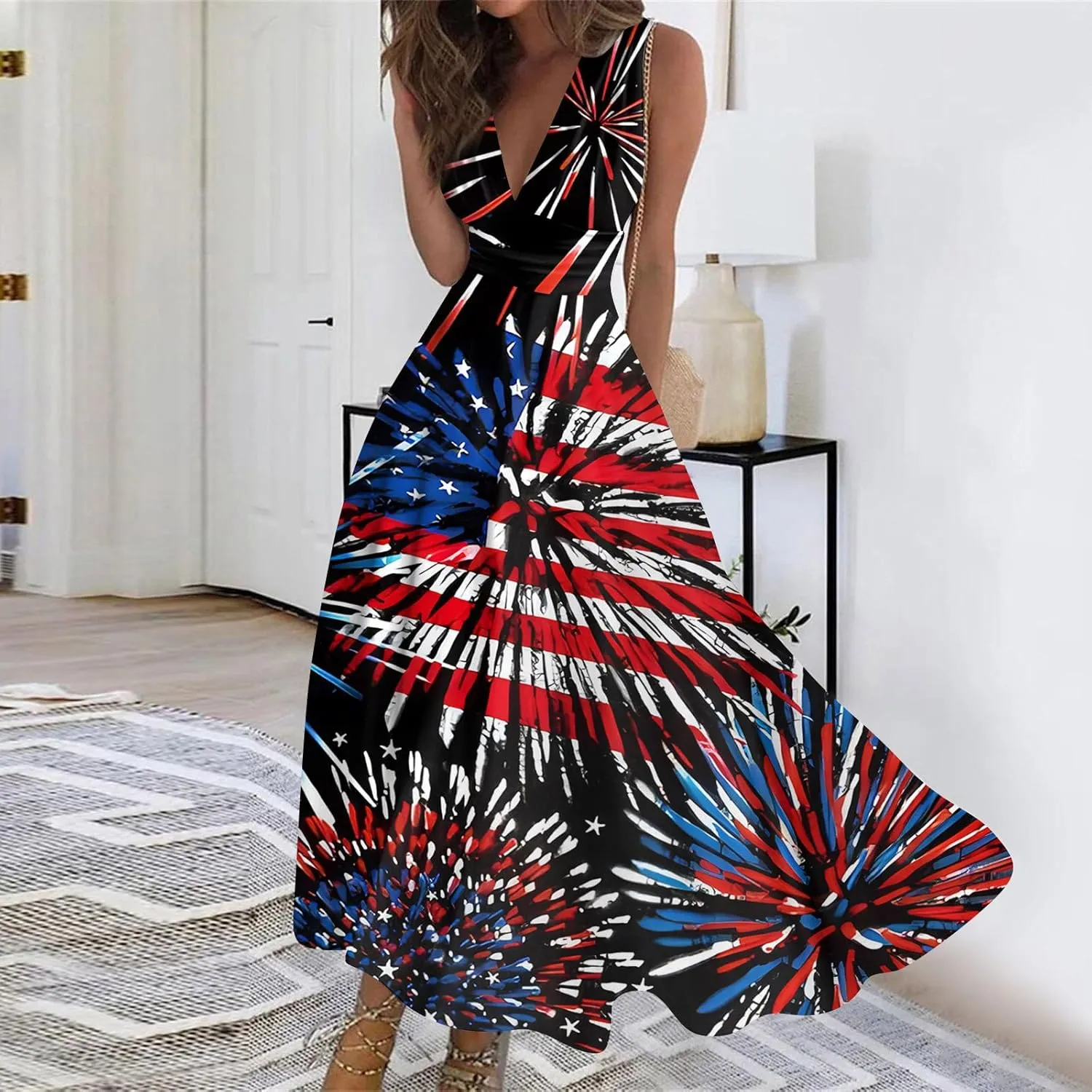 Summer Dresses for Women 2024 Elegant Wrap V Neck Sleeveless Marble Printed Sundress Flowy Swing Beach Resort Wear