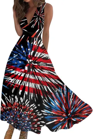 Summer Dresses for Women 2024 Elegant Wrap V Neck Sleeveless Marble Printed Sundress Flowy Swing Beach Resort Wear