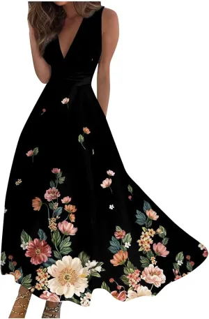 Summer Dresses for Women 2024 Elegant Wrap V Neck Sleeveless Marble Printed Sundress Flowy Swing Beach Resort Wear