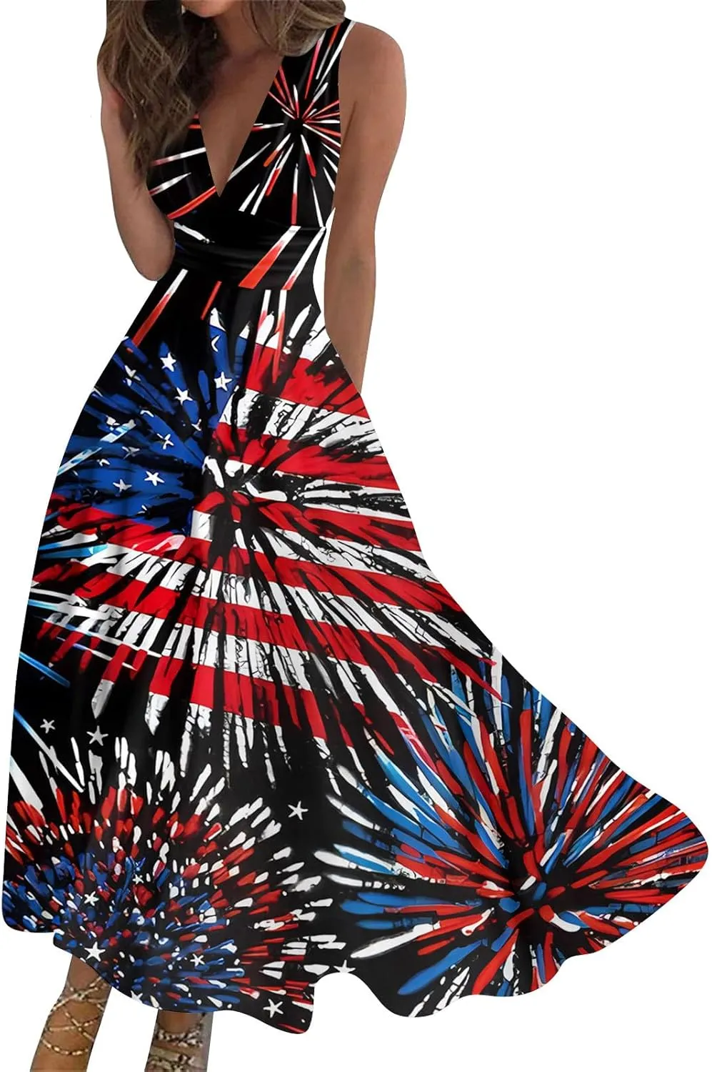 Summer Dresses for Women 2024 Elegant Wrap V Neck Sleeveless Marble Printed Sundress Flowy Swing Beach Resort Wear