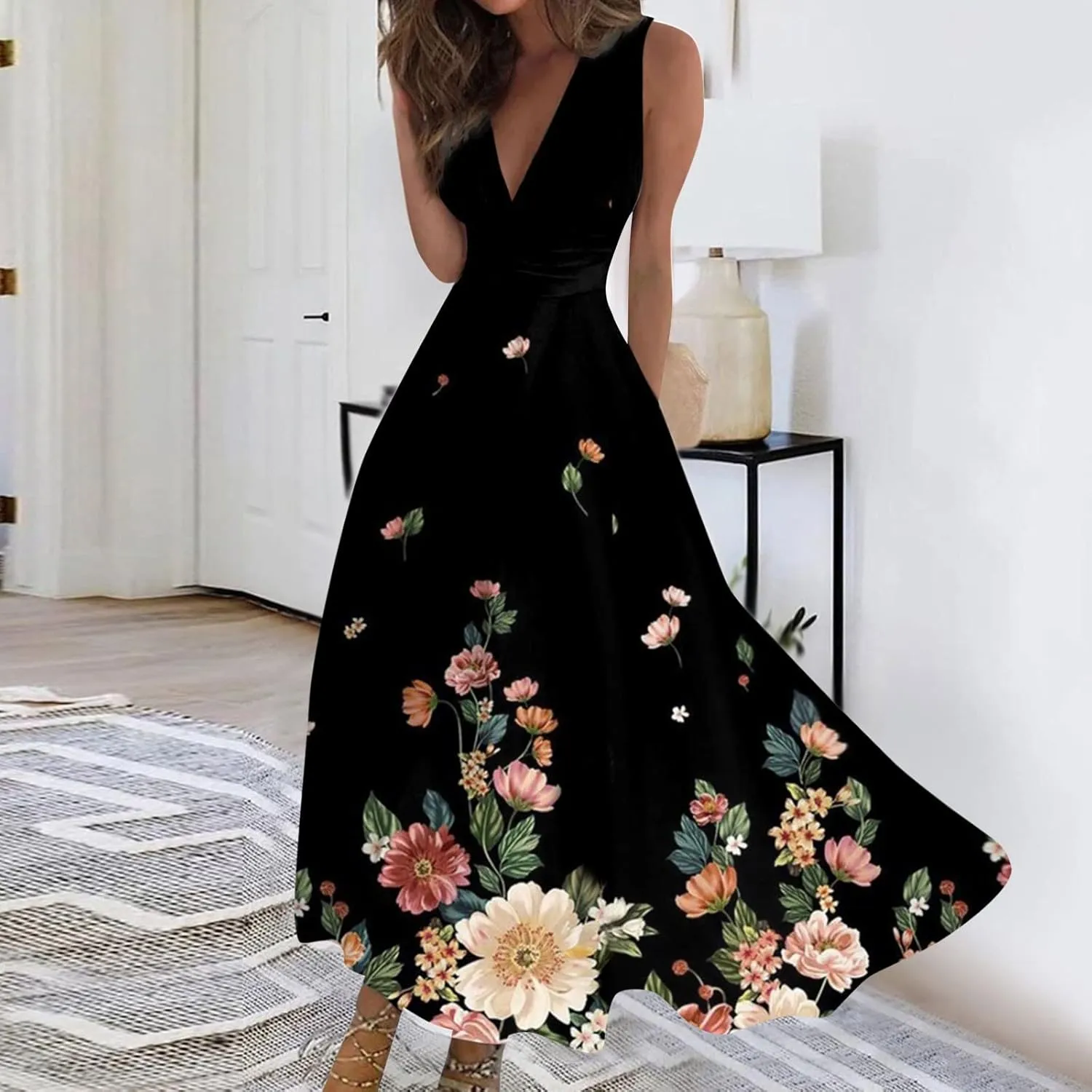 Summer Dresses for Women 2024 Elegant Wrap V Neck Sleeveless Marble Printed Sundress Flowy Swing Beach Resort Wear