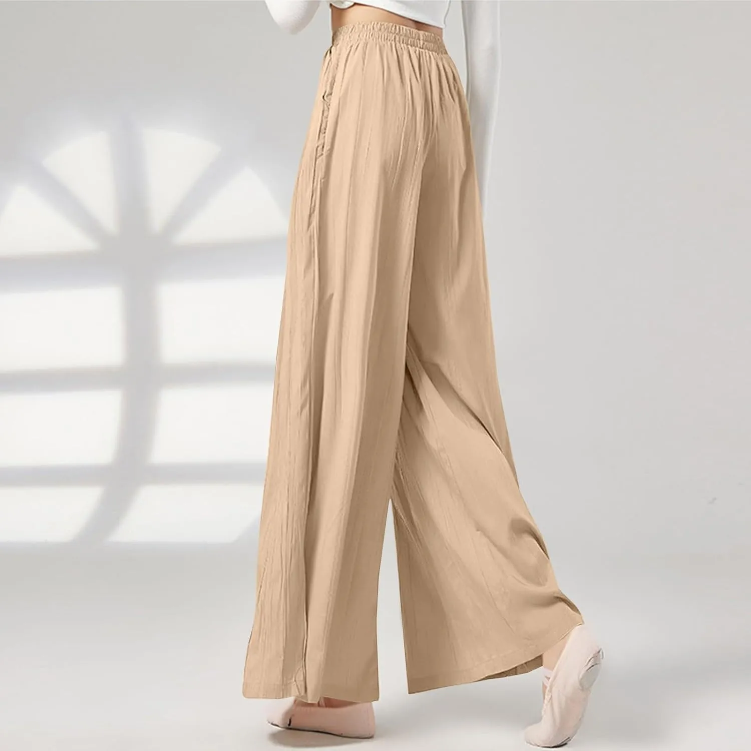 Summer Pants for Women Elastic High Waisted Pleated Pull on Wide Leg Linen Pants Ralexed Fit Flowy Beach Trouser w/Pockets