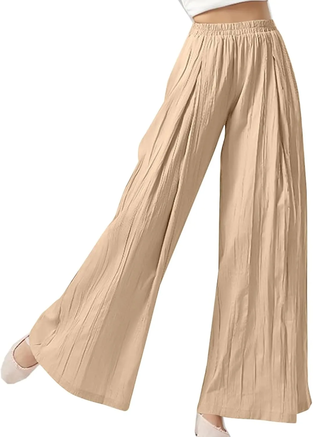 Summer Pants for Women Elastic High Waisted Pleated Pull on Wide Leg Linen Pants Ralexed Fit Flowy Beach Trouser w/Pockets