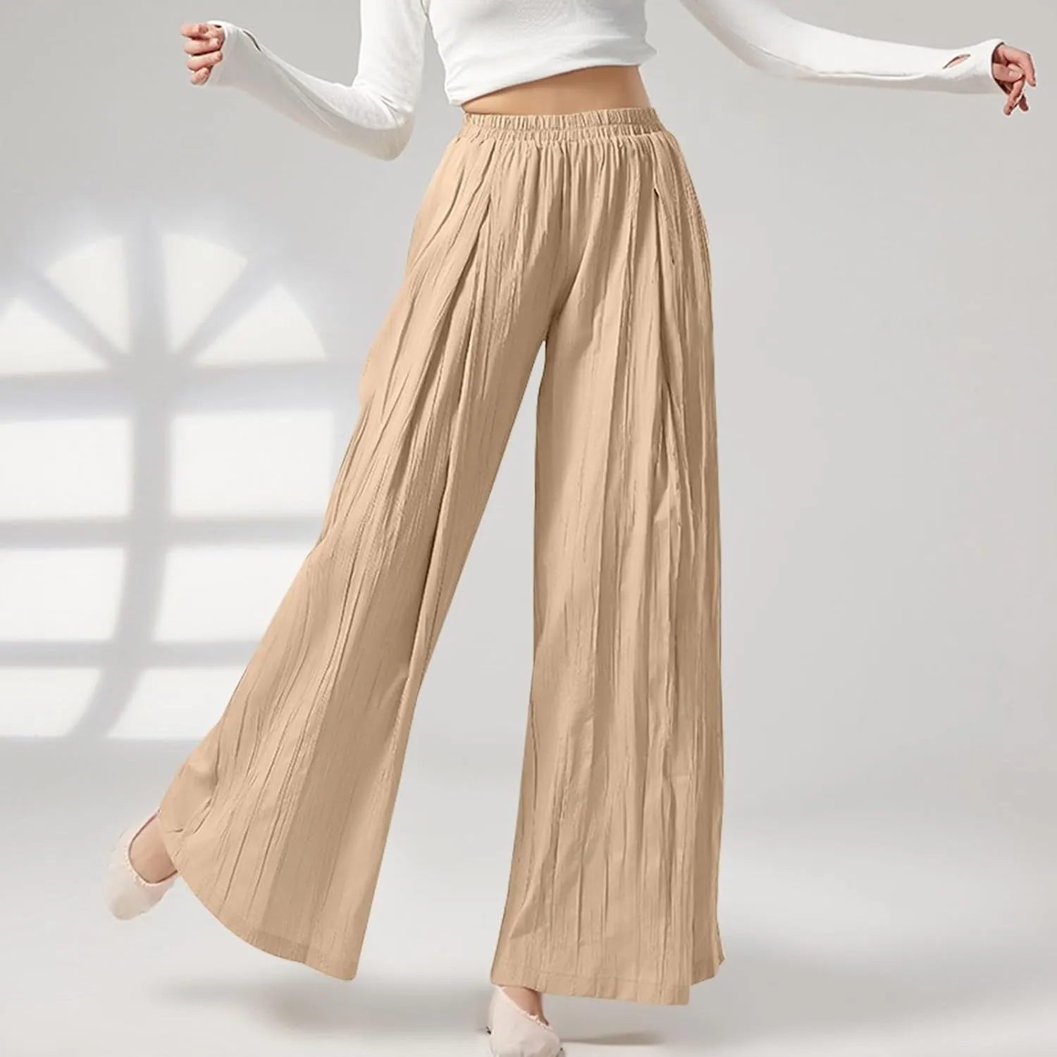 Summer Pants for Women Elastic High Waisted Pleated Pull on Wide Leg Linen Pants Ralexed Fit Flowy Beach Trouser w/Pockets