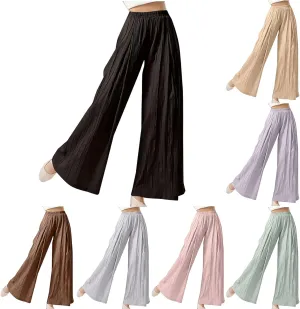 Summer Pants for Women Elastic High Waisted Pleated Pull on Wide Leg Linen Pants Ralexed Fit Flowy Beach Trouser w/Pockets