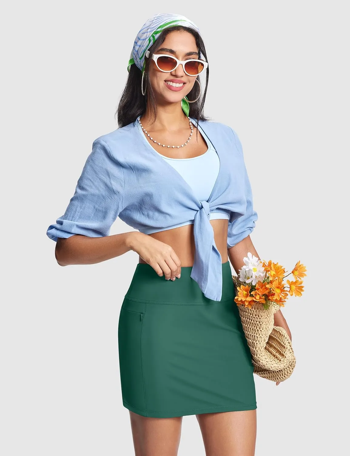 Swim Skirts for Women High Waisted Tummy Control Quick Dry UPF 50 Bathing Suit Skirt with Liner Zipper Pockets