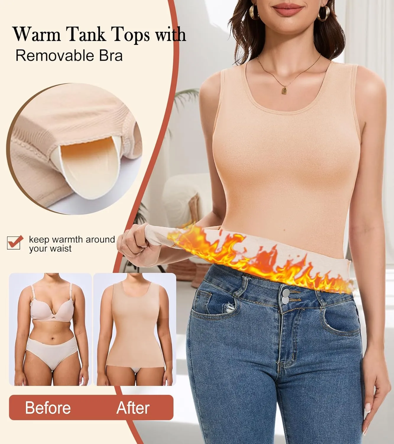Thermal Tank Top Women Fleece Lined Undershirt V Neck Lace Camisole Tops Warm Base Layer Underwear Cami Vest