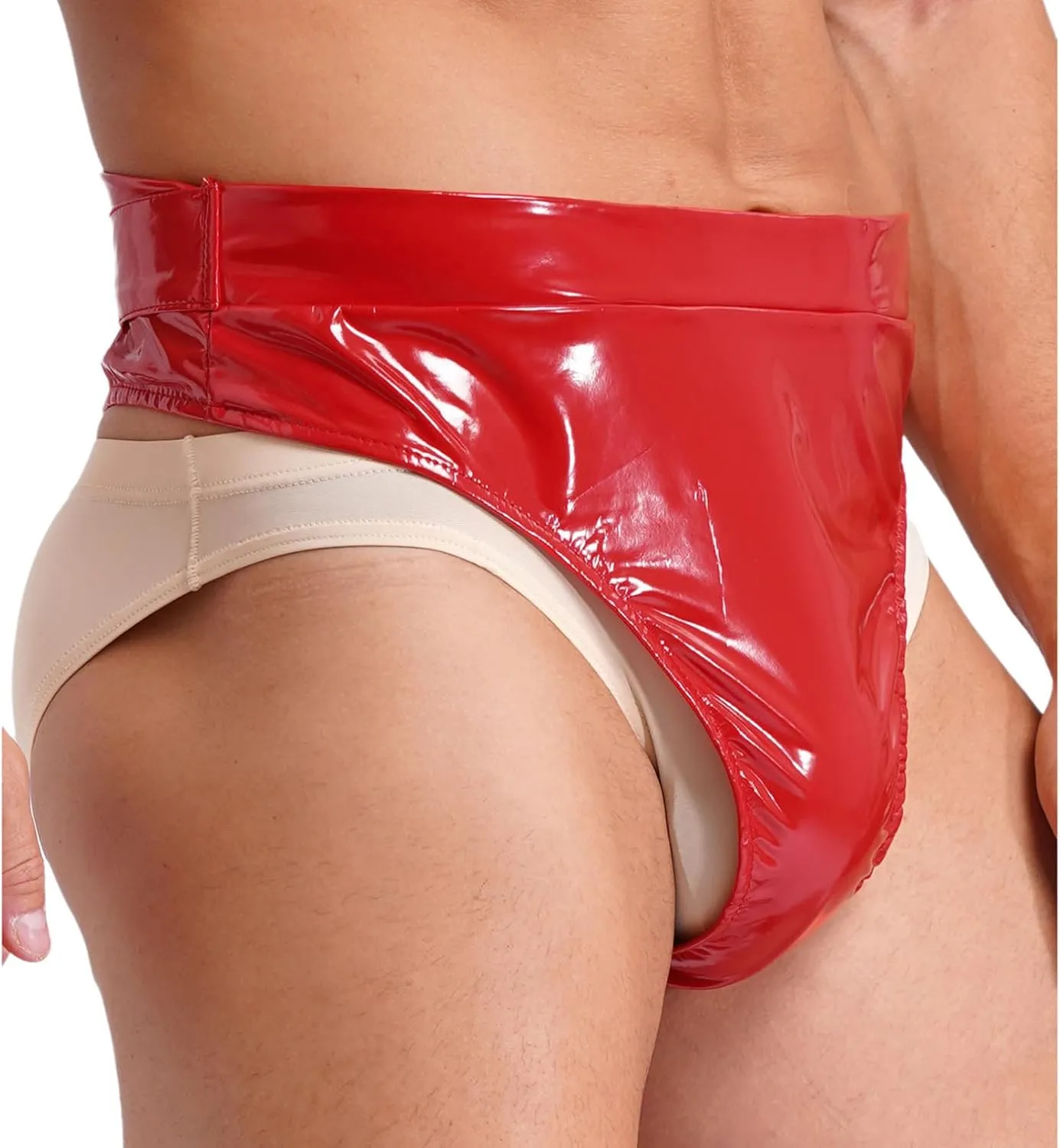 TiaoBug Men's Jockstrap Underwear Pu Leather Thong Panties Shiny Latex Briefs for Party Clubwear