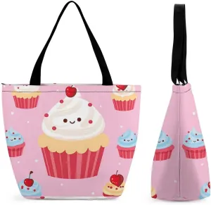 Tote Bags for Women Cute Cupcake Versatile Shoulder Bag with Zipper Large Capacity Handbag Beach Bag Reusable Grocery Bag for Shopping Travel Commuting