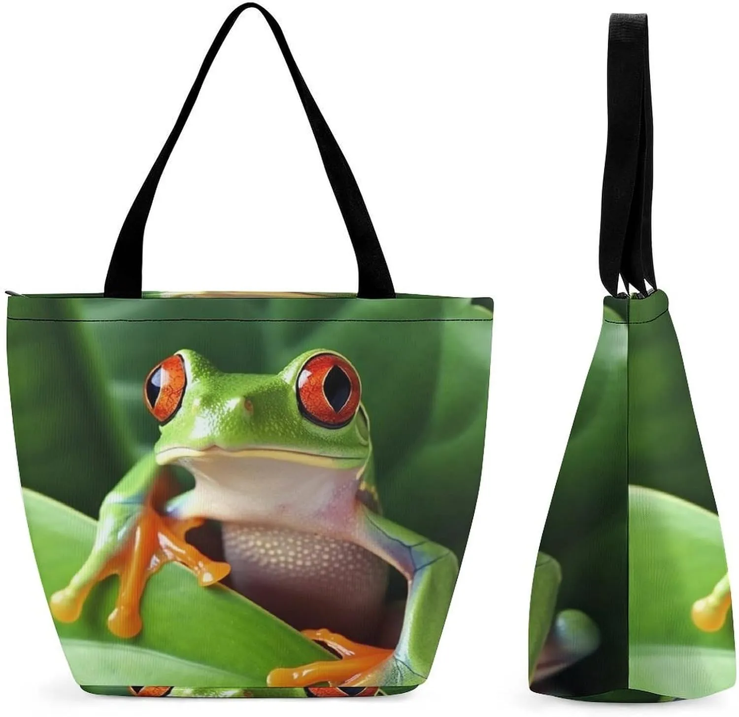 Tote Bags for Women Cute Frog Versatile Shoulder Bag with Zipper Large Capacity Handbag Beach Bag Reusable Grocery Bag for Shopping Travel Commuting