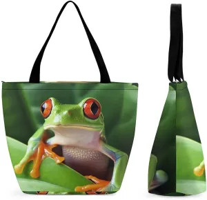 Tote Bags for Women Cute Frog Versatile Shoulder Bag with Zipper Large Capacity Handbag Beach Bag Reusable Grocery Bag for Shopping Travel Commuting