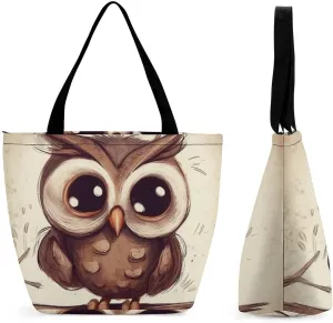 Tote Bags for Women Cute Owl Versatile Shoulder Bag with Zipper Large Capacity Handbag Beach Bag Reusable Grocery Bag for Shopping Travel Commuting